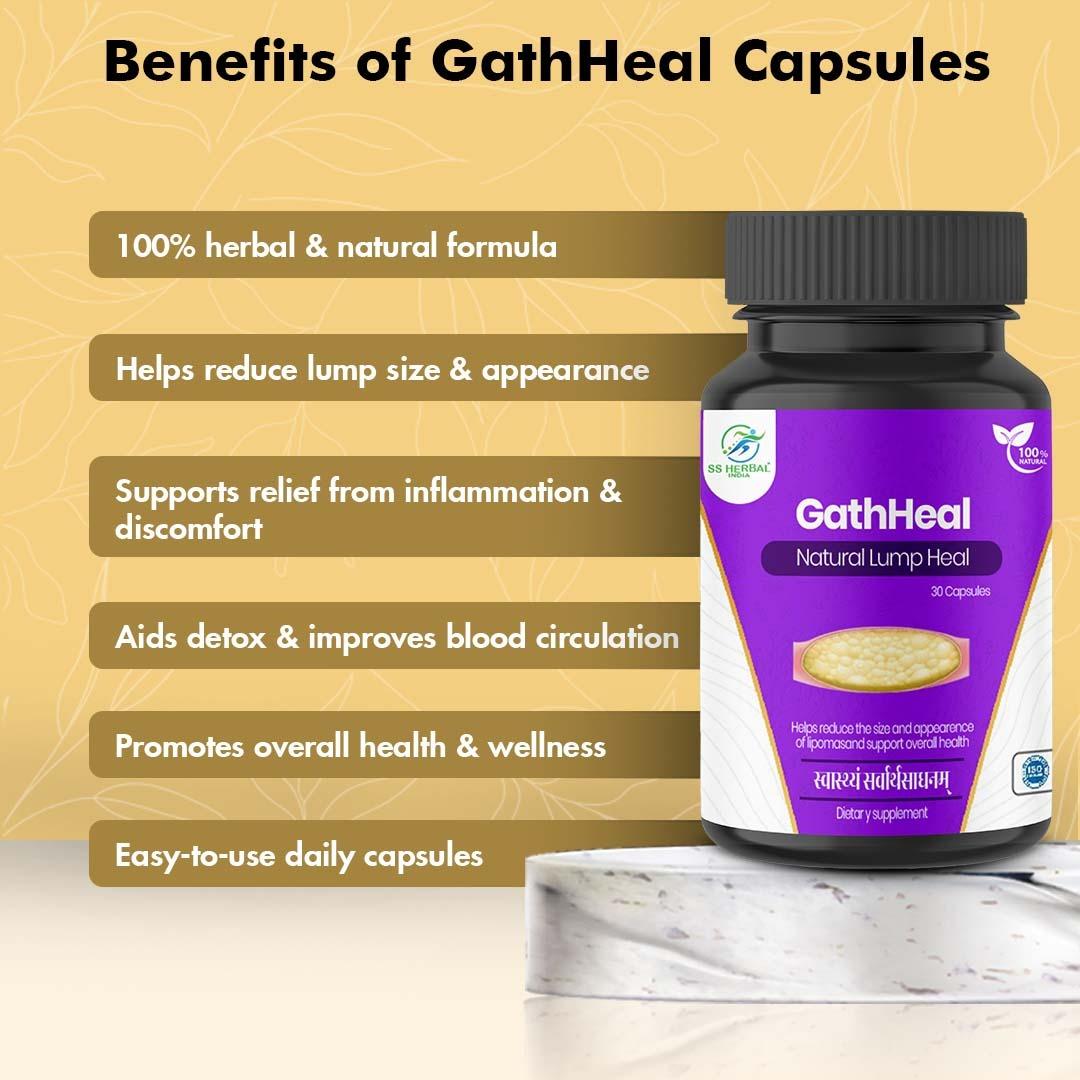 GathHeal Capsules benefits panel with the 30-capsule pack